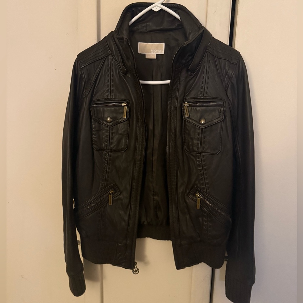 Michael Kors Brown Leather Bomber Jacket